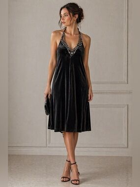 Bailey 44 Velvet Halter Dress Dark Asphalt Gray Size M Open Back Beaded